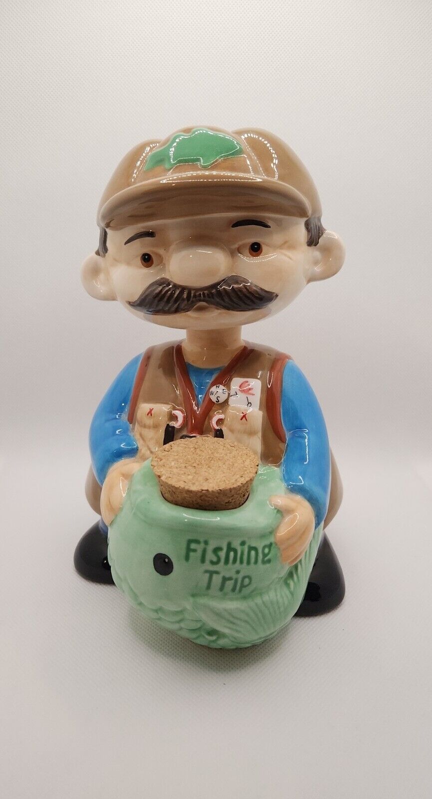 2002Vtg Rare Bobblehead Bobble Buddy Fisherman Fishing Trip Bank Ceramic/korn#F3