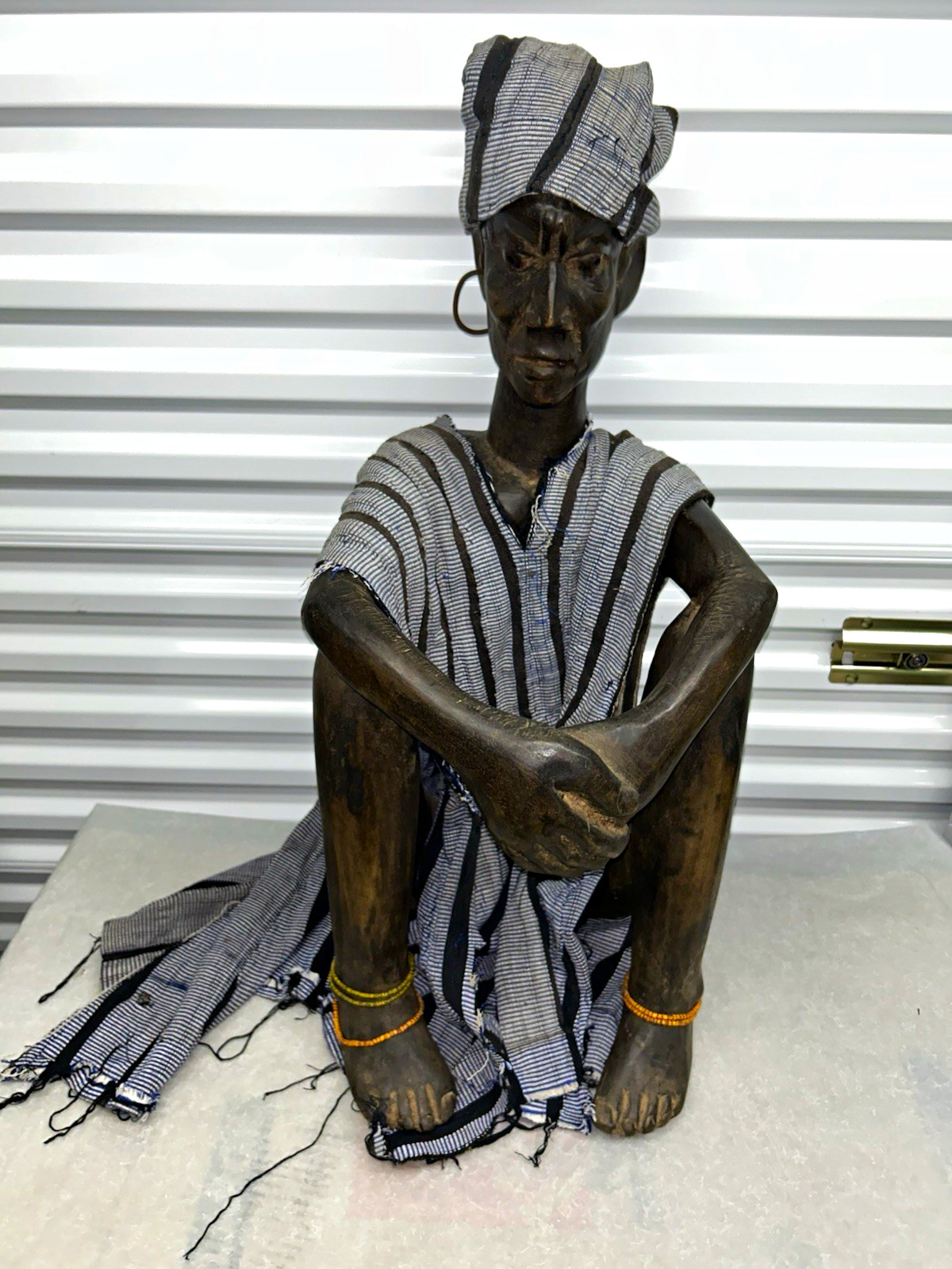 30" Vintage African Hand-Carved Wood Seated Figure Statue w/ Fabric Garment