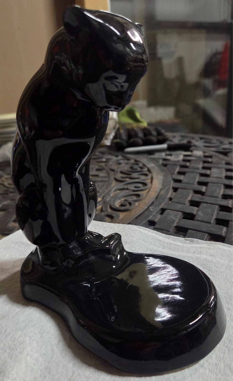 Vintage Mid Century Modern (MCM) Ceramic Black Panther Fishbowl Stand