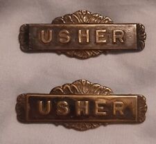 Lot of 2 Vintage Usher Metal Badge Lapel Pins Church Theater Attendant Uniform C picture