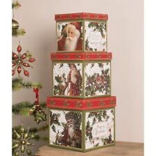 Bethany Lowe Christmas 3pc Holly Stacking Boxes Santa picture