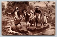 Follow My Leader Children Cross Stream SHEAHAN'S Famous Picture VINTAGE Postcard picture