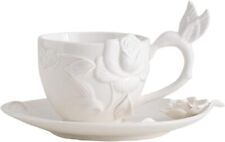 European retro style 3D flower Ceramic Coffee Mug Teacup with Saucer White  picture