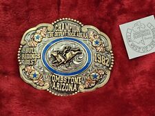 BULL RIDING PRO RODEO CHAMPION TROPHY BELT BUCKLE☆TOMBSTONE ARIZON☆RARE☆1982☆601 picture
