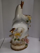 Vintage ITALIAN CAPODIMONTE Pair Of Dolphins Accented With 24kt Gold Centerpiece picture