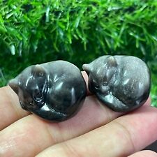 2pc Natural silver obsidian Quartz hand Carved Crystal sleeping cat Healing 1.2
