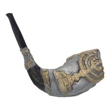 Natural Ram Horn Shofar with Curved Top Paint Menorah Ship From Israel + Stand picture