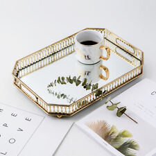 Metal Vintage Octagon Glass Surface Mirror Tray Luxurious Makeup Perfume Holder picture