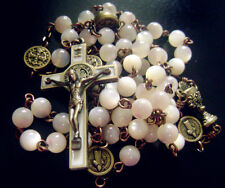 * Vintage Mother-of-Pearl Beads ROSARY Ancient bronze st.benedict Cross necklace picture