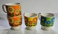 1970s Vintage 4 Stackable Coffee Tea Mug Set W Handle MOD Retro Flowers picture