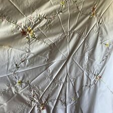 Vintage Hand Embroidered Pink Yellow Flower 62” Round Linen Easter Tablecloth picture