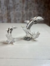 Lenox Art Glass Crystal Dolphins On Waves Figurines w/ Frosted Accents Set of 2 picture