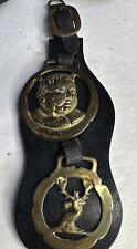 Vintage Equestrian Brass Tack-brass Fat Joe and Stag medallions with leather picture