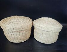 Vintage First Nations Native Woven Pine Needle Lidded Basket Lot Of 2 picture