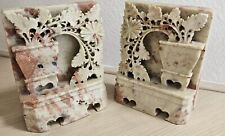 2 PC Antique Chinese Carved Soapstone Bookends Deep Relief Flowers & Birds picture