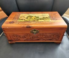 Vintage Carved Cedar Jewelry Box Country Cottage Lithograph with Mirror & Lock picture