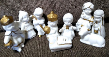 Vintage Mini Ceramic 9 Piece Nativity Set Figurines white gold accent picture