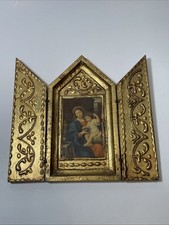 Antique Madonna Of The Grapes Triptych Gold Gilded Religious Holy Virgin Mary picture