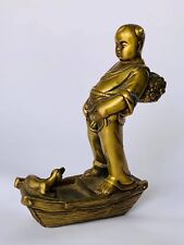 Heavy Vintage Collectible Bronze Brass Figure Statue Japanese Boy with Dog picture