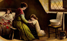 Girl Praying with Mom Before Bedtime Adorable Illustration ANTIQUE Postcard picture