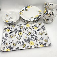 25 Piece Royal Norfolk Bee Happy Dinner Plates Dessert Plates Bowls & Placemats picture
