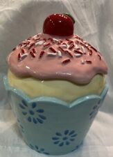 Pier 1 One Imports Vanilla Cupcake Cookie Jar Sprinkles Pink Icing Cherry on Top picture