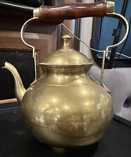 VINTAGE BRASS TEA POT WOOD HANDLE MADE IN INDIA Footed picture