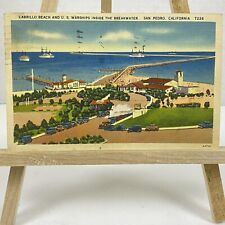 VTG Postcard Cabrillo Beach U.S. Warships San Pedro, California 1 Ct. Stamp 1939 picture