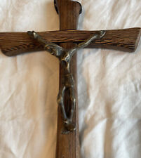 French 7 ½” Crucifix Wall Wood Bronze Brutalist Modern Brass Cross Jesus Christ picture