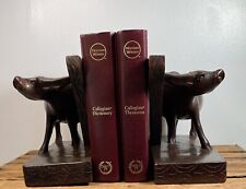 Vintage Hand Carved Wood Water Buffalo Mid-Century Bookends Father Man Cave READ picture
