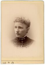 CIRCA 1890'S Trimmed CABINET CARD of Victorian Woman in Fancy High Collar Dress picture