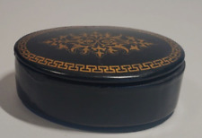 Antique Black Lacquer Paper Mache Snuff Box Hinged Lid w Gold Greek Key Border picture