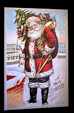 Patriotic~ SANTA CLAUS~with USA Flag~ Toys~ Tree Antique Christmas Postcard-h630 picture