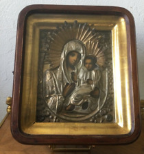 Antique Icon Jesus Christian Madonna Wood Paint Silver Religion Riza Rare 19th picture