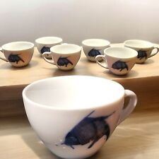 Misty Rose Blue Koi Fish Tea Sake Cups Super White China Set Of Six 6 Piece Vtg picture