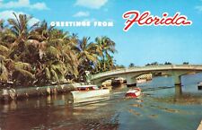 Florida, Greetings, Beautiful Canal Boats and Bridge, Vintage Postcard picture