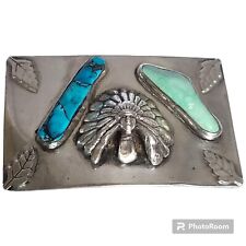 Turquoise Silver Belt Buckle INDIAN CHIEF Head Southwest Native American LRG picture