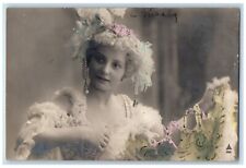 c1910's Pretty Woman Pearl Feather Dress Studio Portrait RPPC Photo Postcard picture