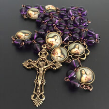 Vintage AMETHYST BEADS ST.THERESE ROSARY CROSS CRUCIFIX CATHOLIC NECKLACE BOX picture