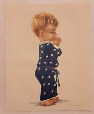 Vintage MCM Religious praying boy artist signed lithograph silk embroidered 50's picture