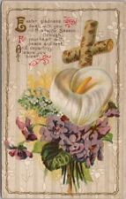 Vintage 1910s HAPPY EASTER Embossed Postcard Birch Cross / Flowers / UNUSED picture