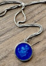 Vintage Blue Enamel Saint Christopher Medal Pendant Necklace Sterling Silver picture