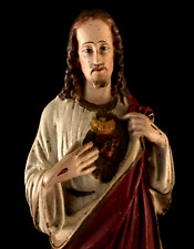 ANTIQUE PLASTER FLAMING SACRED HEART of JESUS VOTIVE STATUE - 13.5” T - LOVELY picture