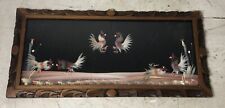Vintage Cock Fighting Real Feather Folk Art Frame Rooster Cockfight Feathercraft picture