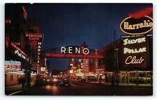 1950s RENO NEVADA HARRAH'S SILVER DOLLAR CLUB CASINOS NEON LIGHTS POSTCARD P3077 picture
