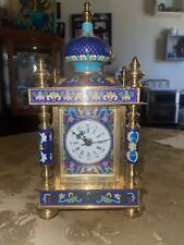 VTG 12.5” Chinese  Cloisonné Brass Enamel Blue Floral Mantle Carriage Clock #57 picture