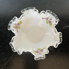 Vintage Fenton Silver Crest Violets In The Snow Milk Glass Bowl Artist Signed 6