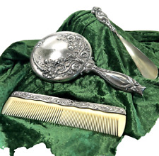 Vintage 3 Piece Vanity Set Silver plated comb and shoehorn 925 Sterling Mirror picture