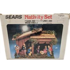 Vintage SEARS Italy Hand-painted Christmas Nativity Set 7 Figurines Wood Stable picture