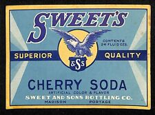 Sweet's Cherry Soda Paper Label Sweet and Sons Madison c1930's-40's picture